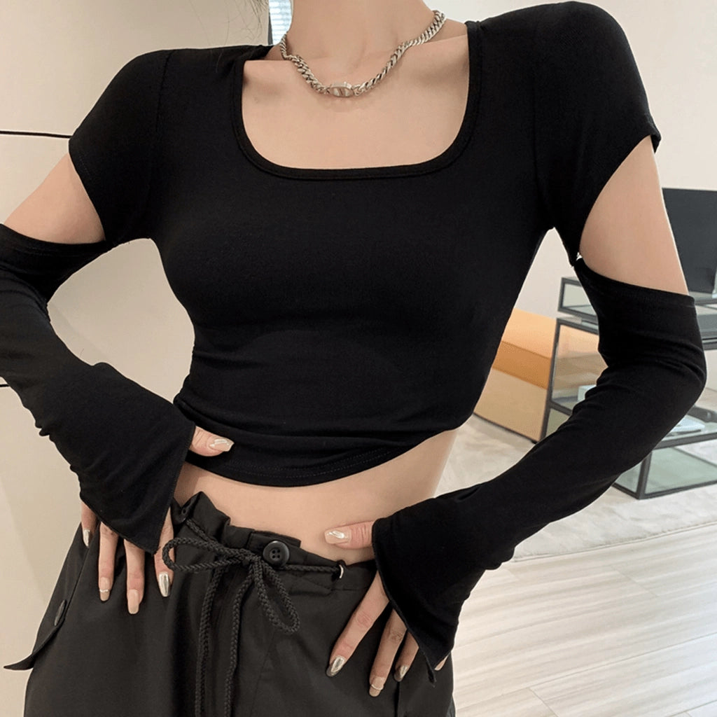 Black Cut-Out Sleeve Crop Top