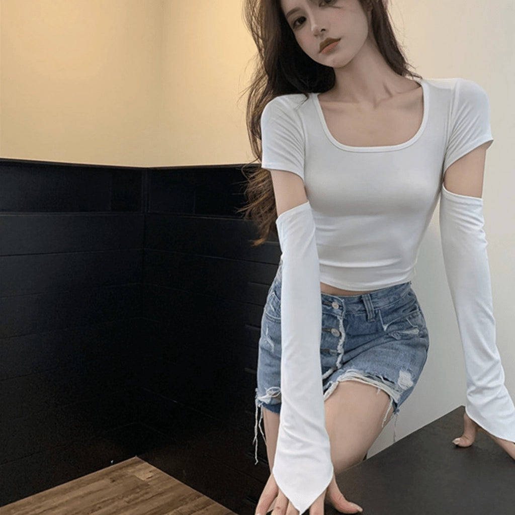 Black Cut-Out Sleeve Crop Top