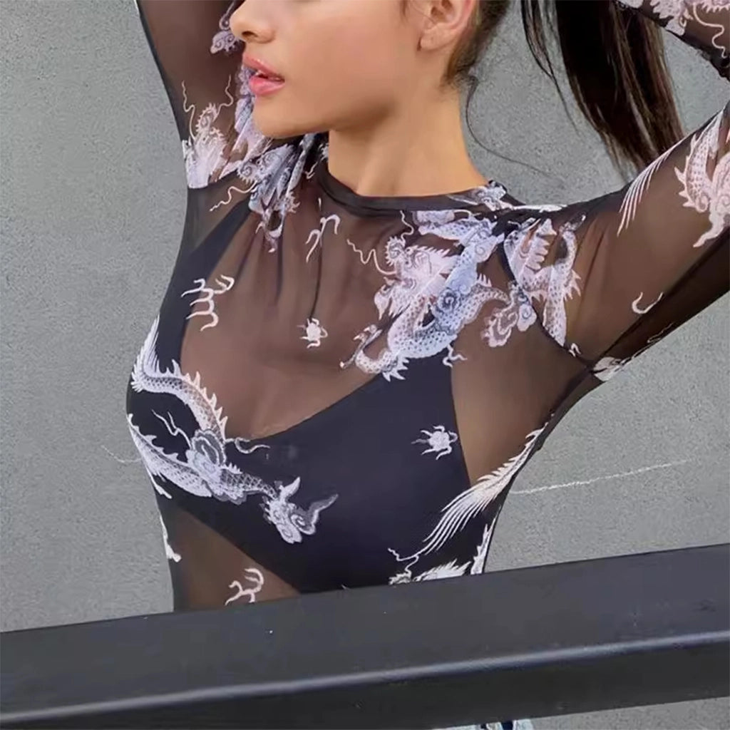 Dragon Print Mesh Top