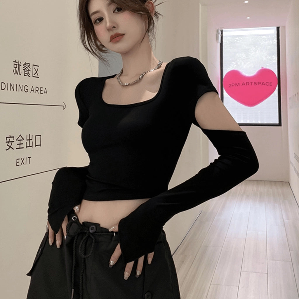Black Cut-Out Sleeve Crop Top