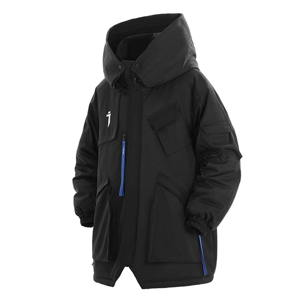 Futuristic insulated jacket for winter survival with high neck hood and tactical pockets in black.