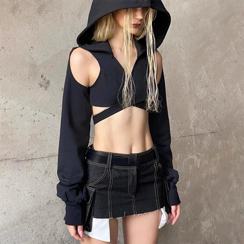 Cropped Techwear Top with Hood