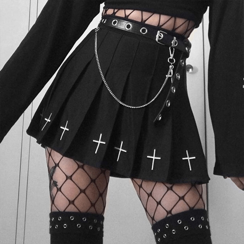 Black Cross Pleated Skirt