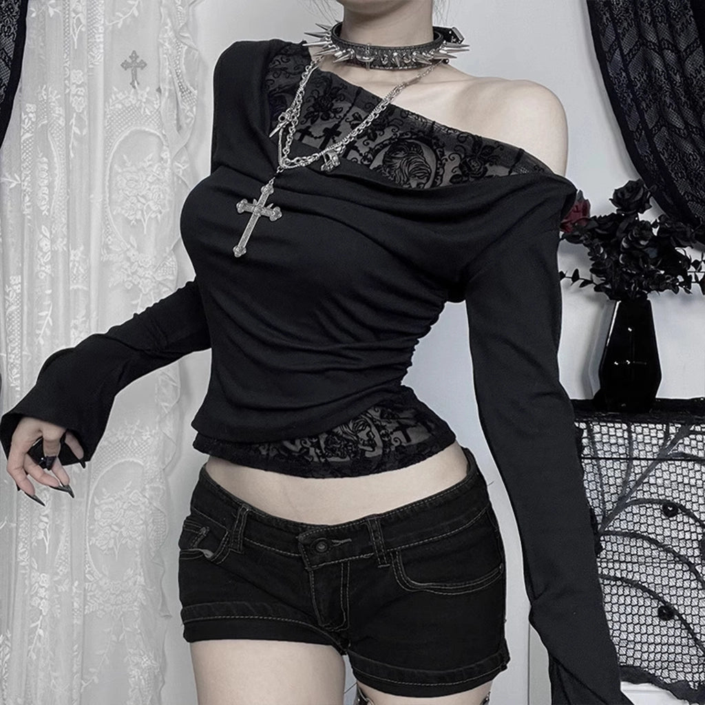 Gothic Techwear One-Shoulder Shirt