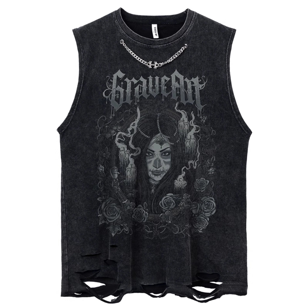 Grave Art Sleeveless Distressed Tee