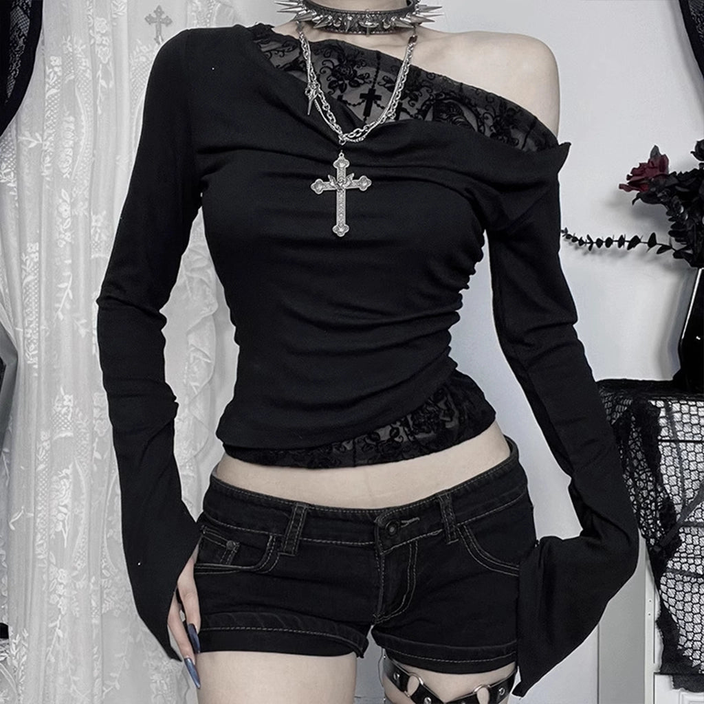 Gothic Techwear One-Shoulder Shirt