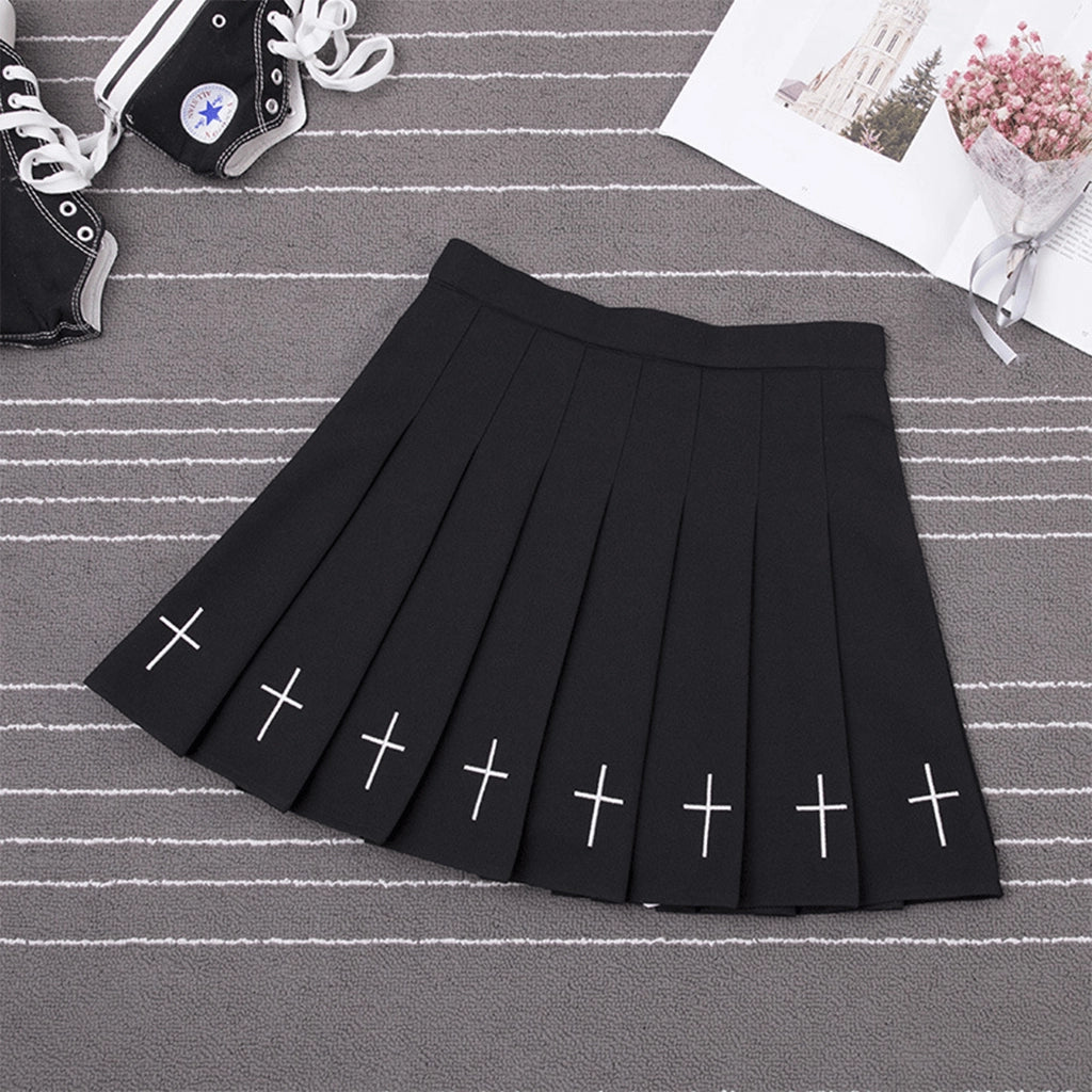 Black Cross Pleated Skirt