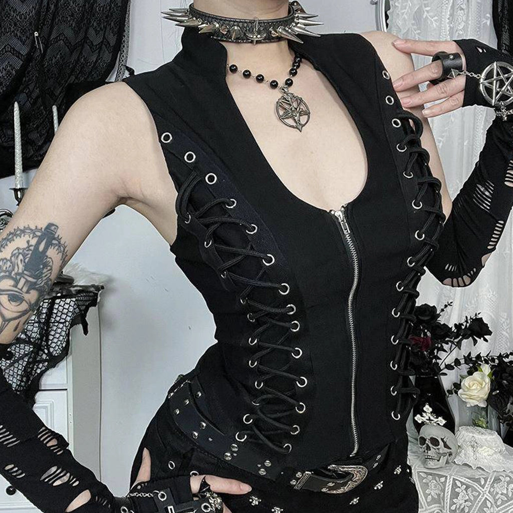 Gothic Lace-Up Zip Vest