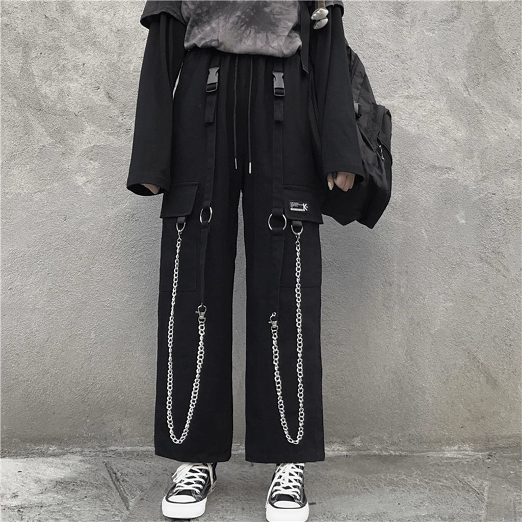Black Streetwear Pants with Chains