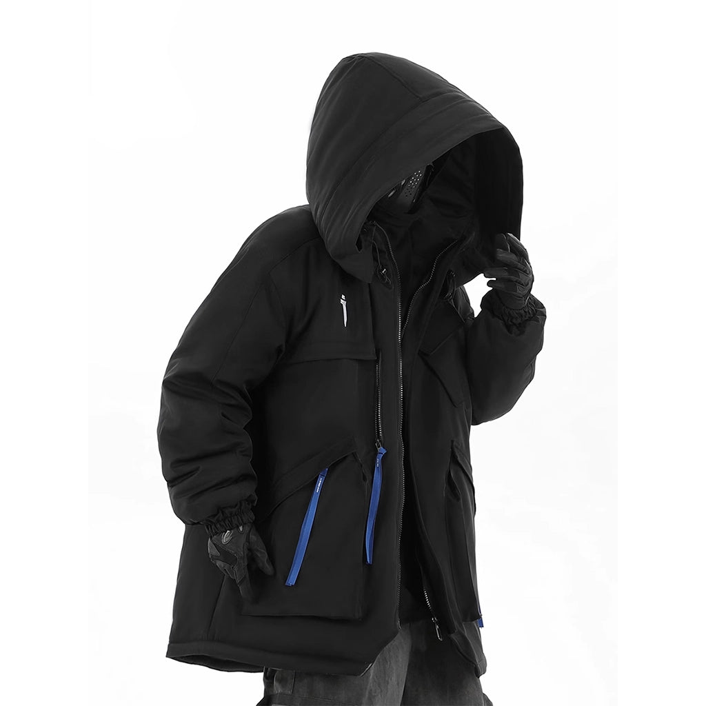 Futuristic insulated jacket for winter survival with tactical features and a high neck hood in black.