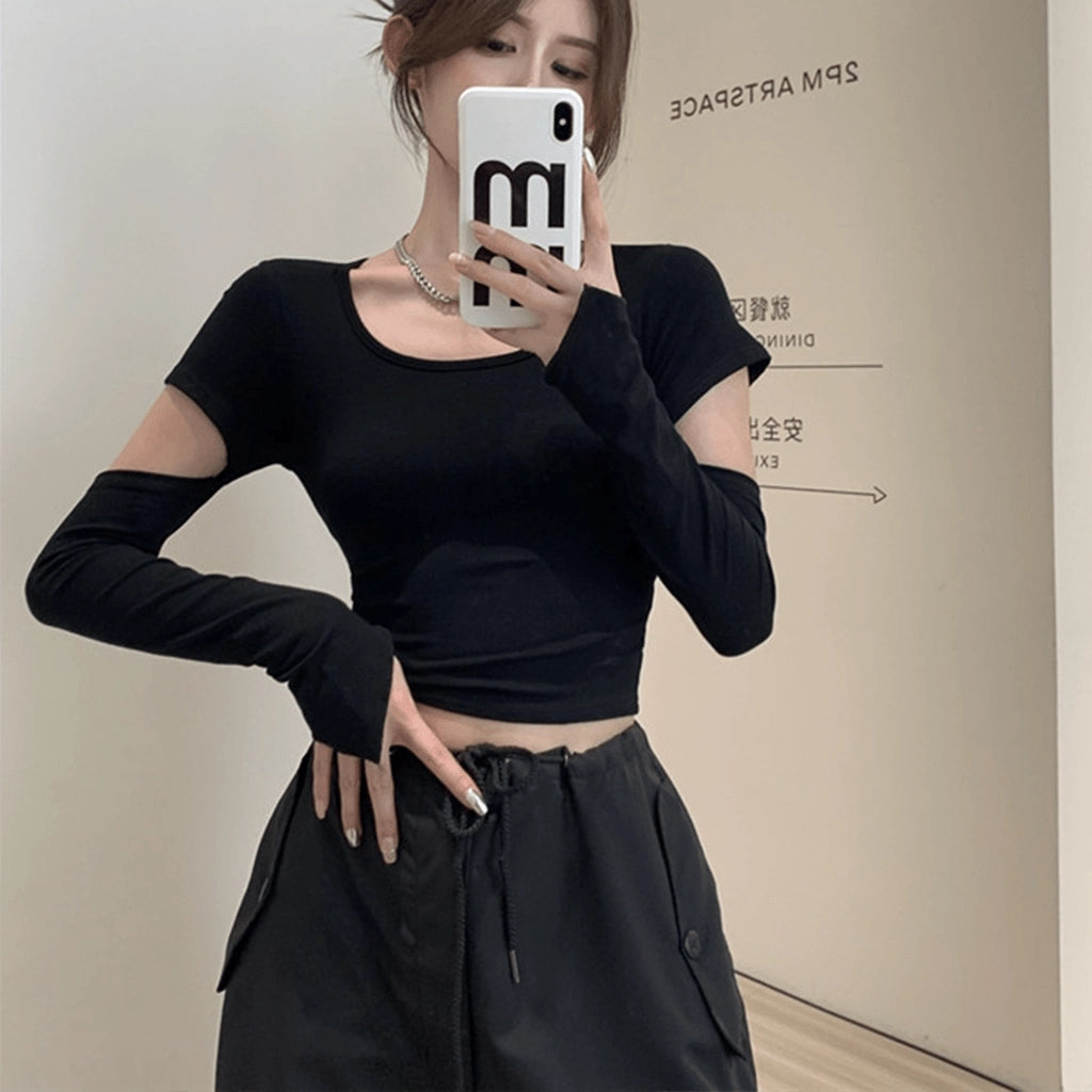 Black Cut-Out Sleeve Crop Top