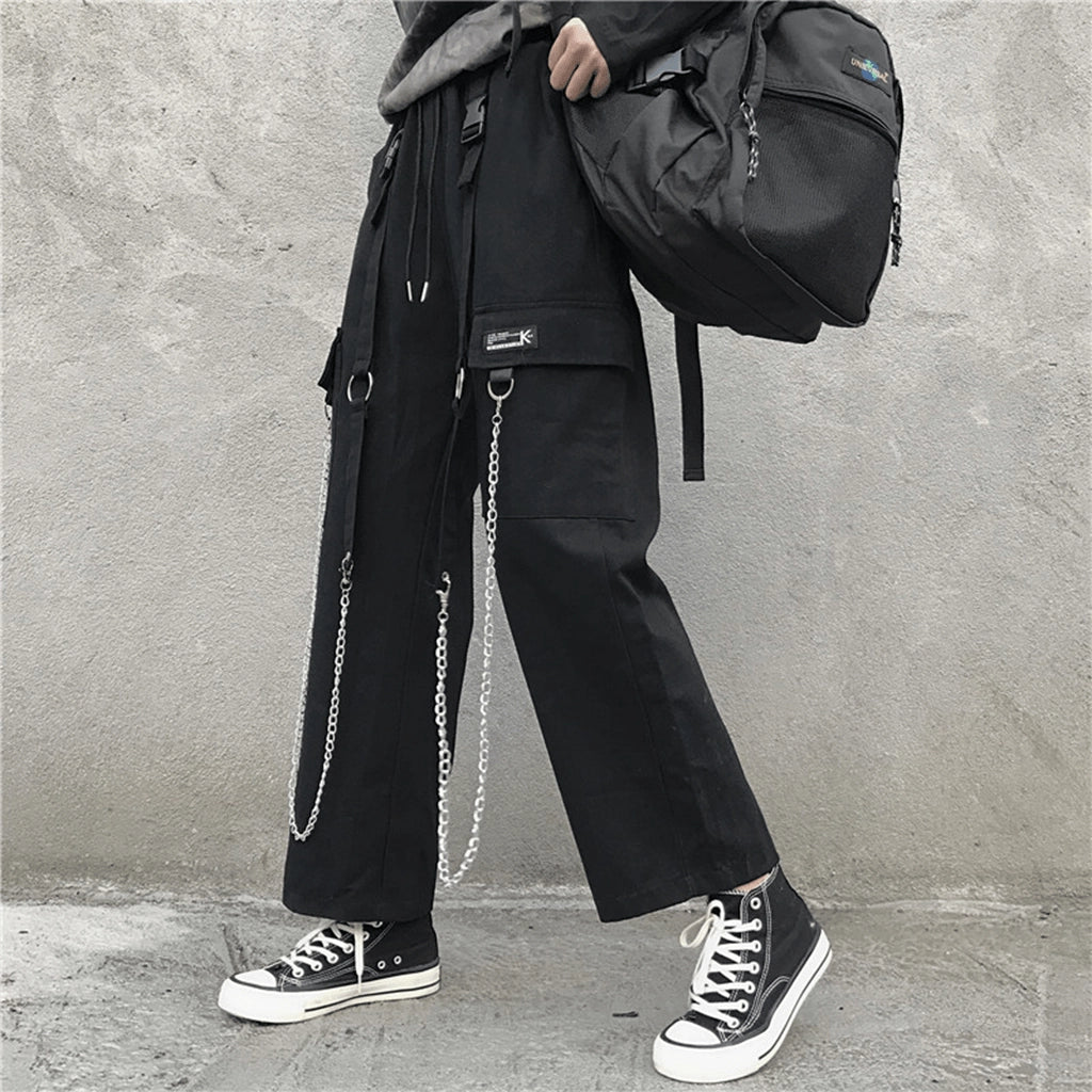Black Streetwear Pants with Chains