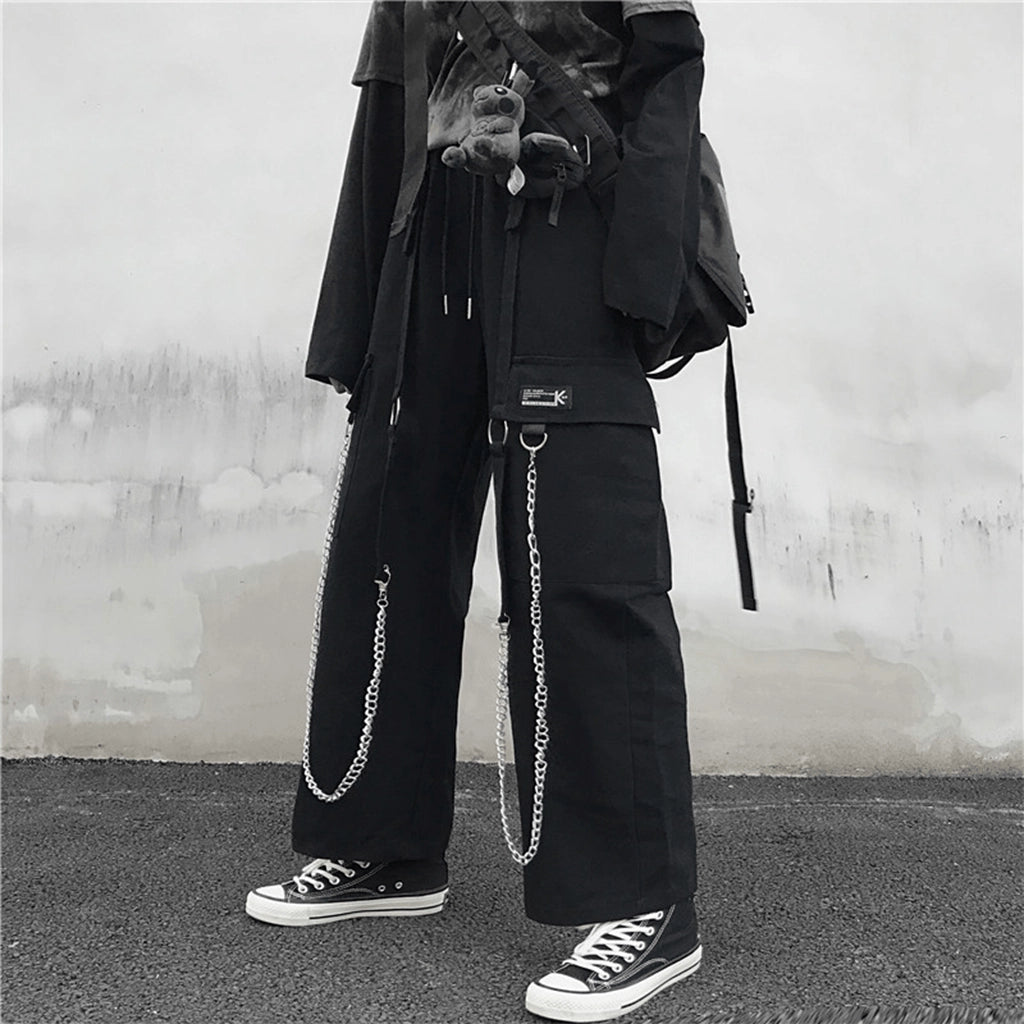 Black Streetwear Pants with Chains