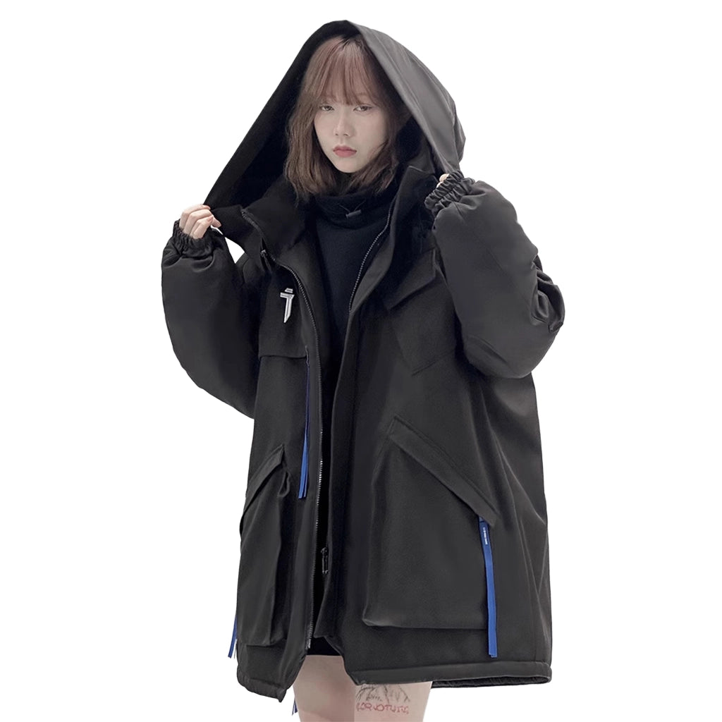 Futuristic insulated jacket for winter survival, featuring a high neck hood and tactical design, perfect for harsh weather.