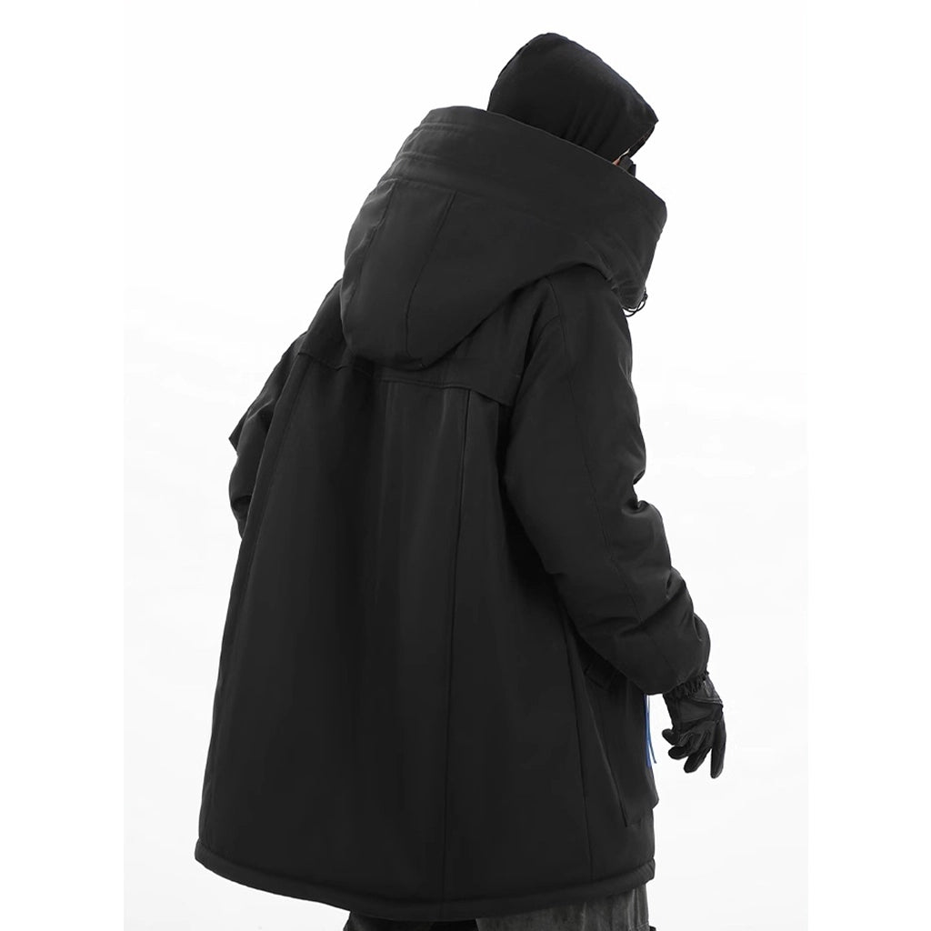 Insulated jacket for winter survival, featuring a high neck hood and relaxed fit, ideal for harsh winter conditions.