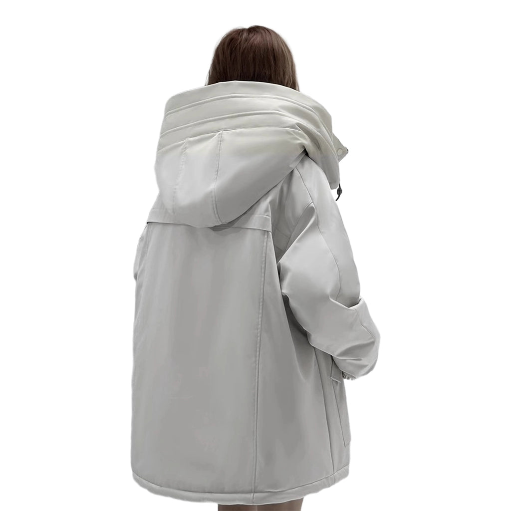 Stylish insulated jacket designed for winter survival, featuring a high neck hood and a relaxed fit.