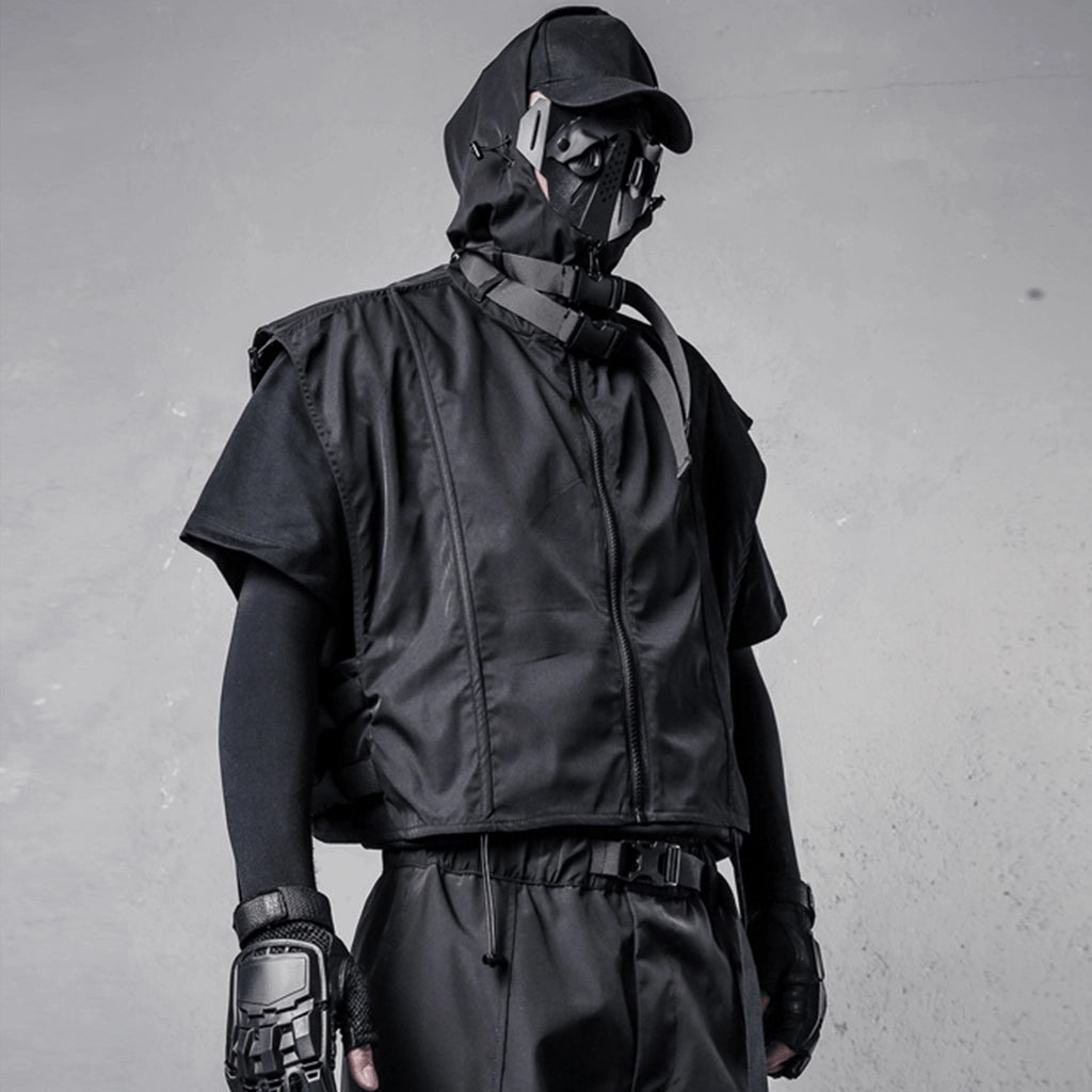 Black Techwear Hooded Vest