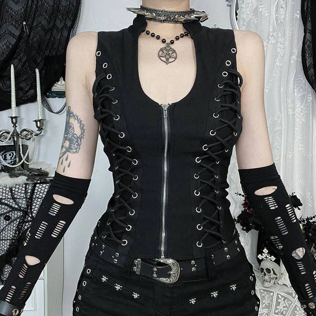 Gothic Lace-Up Zip Vest