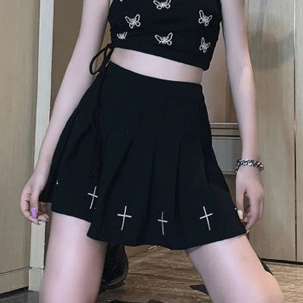 Black Cross Pleated Skirt
