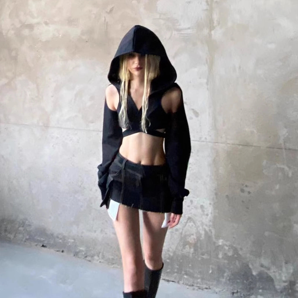 Cropped Techwear Top with Hood
