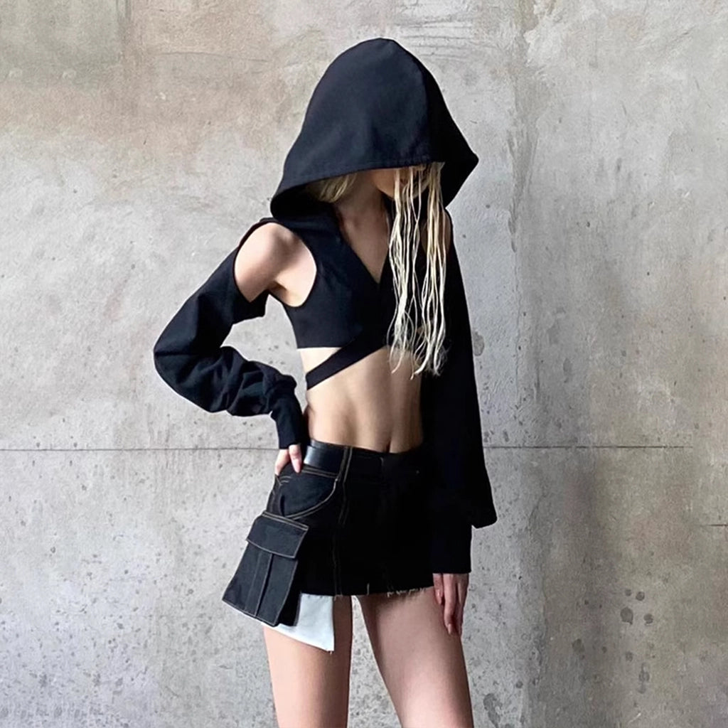 Cropped Techwear Top with Hood
