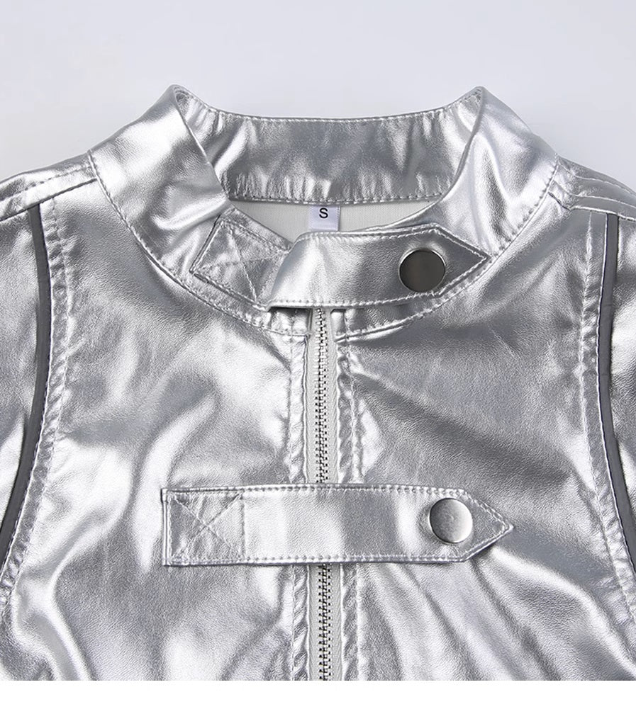 Women’s Faux Leather Stand-up Collar Jacket