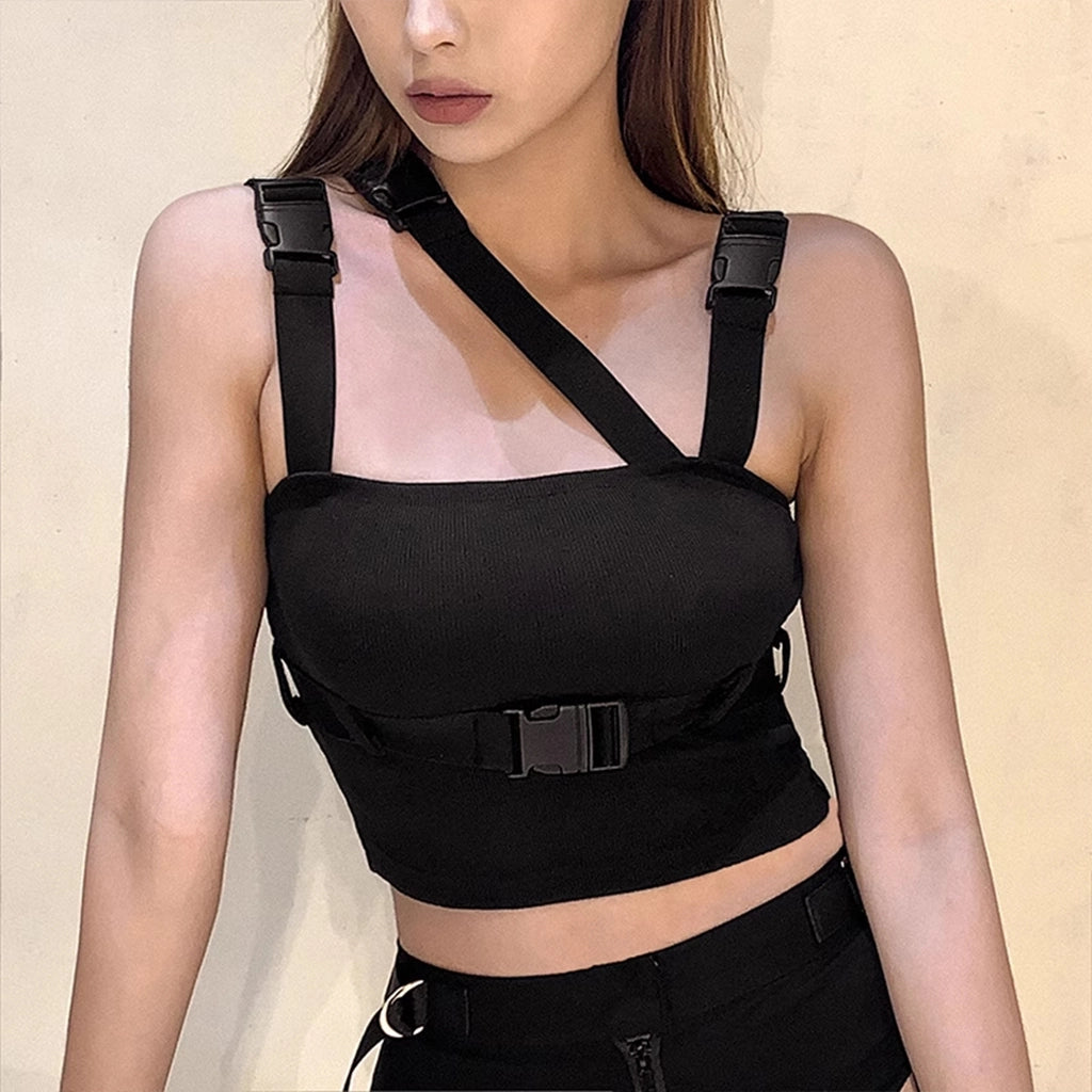 Tactical Black Buckle Crop Top