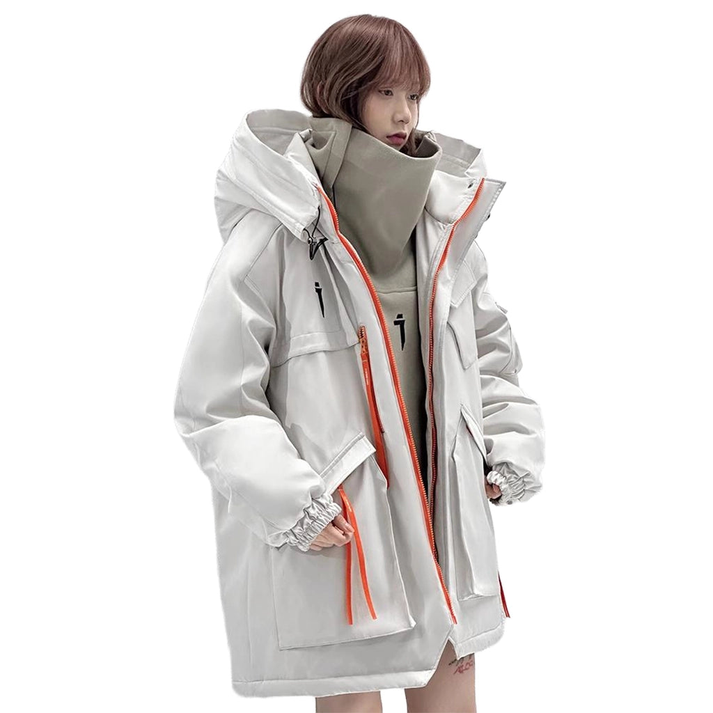 Futuristic insulated jacket for winter survival, featuring high neck hood and tactical design, perfect for urban techwear.