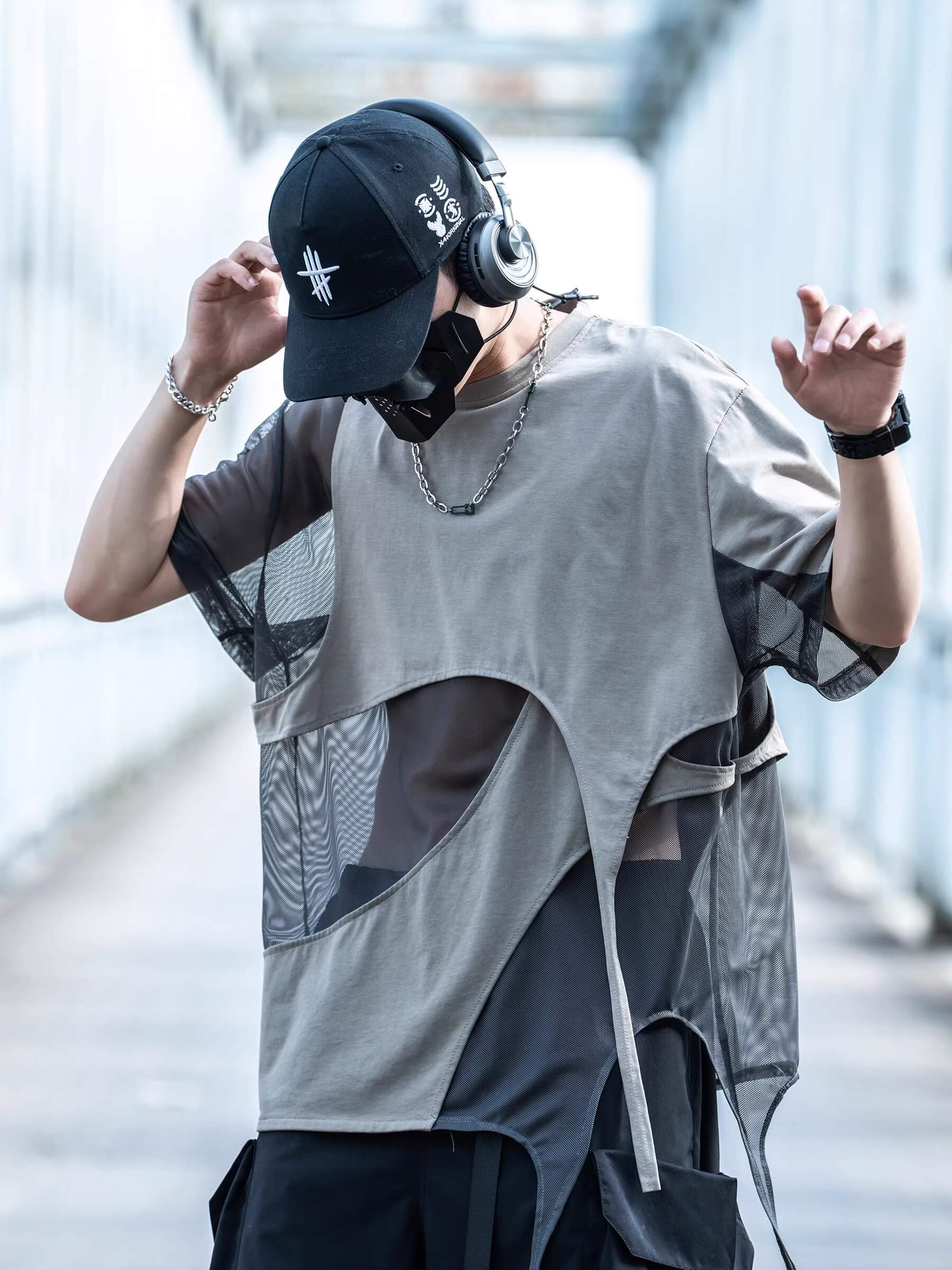 Mesh Panel Splicing Techwear T-Shirt