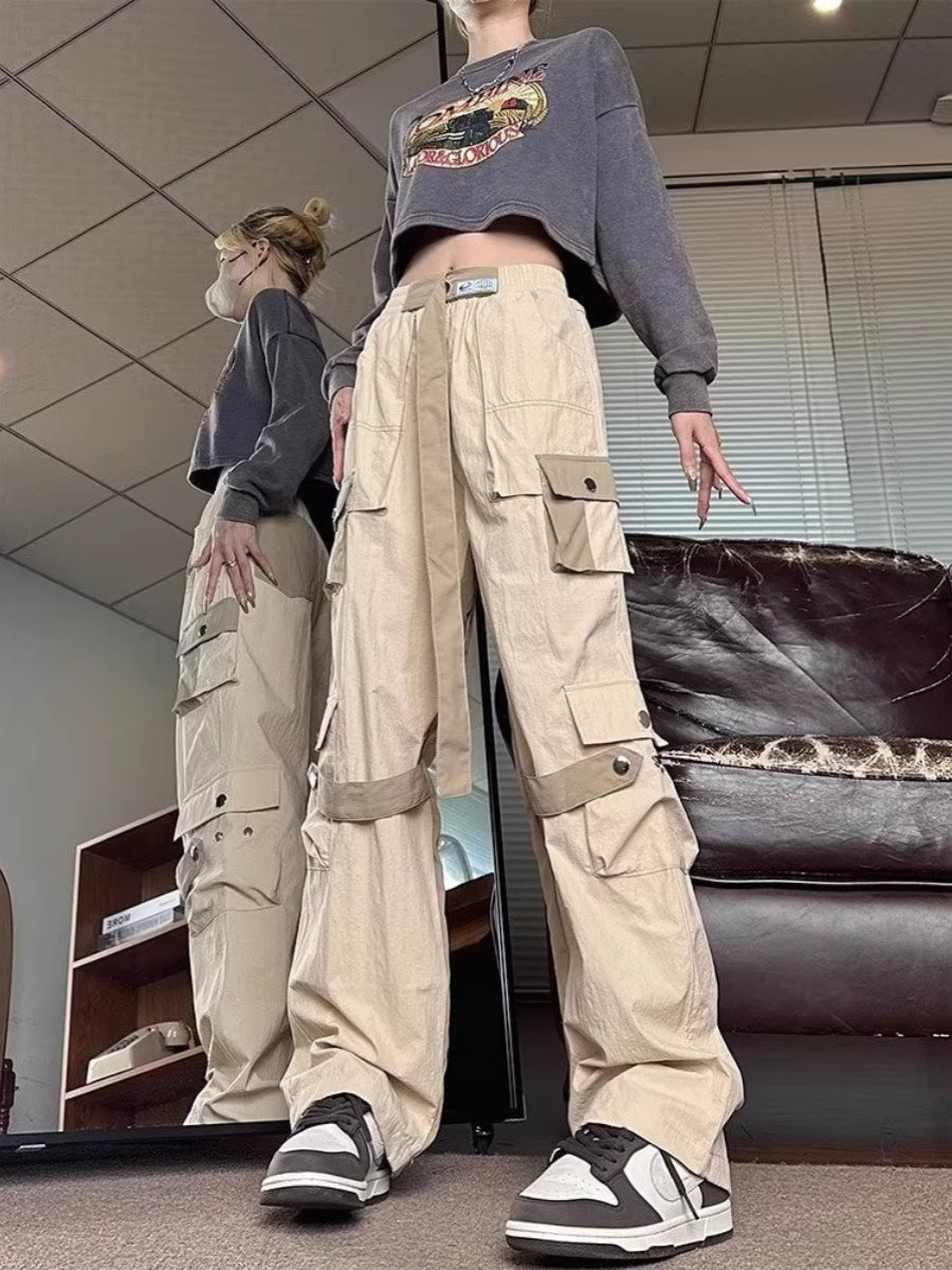 Beige Multi-Pocket Techwear Pants