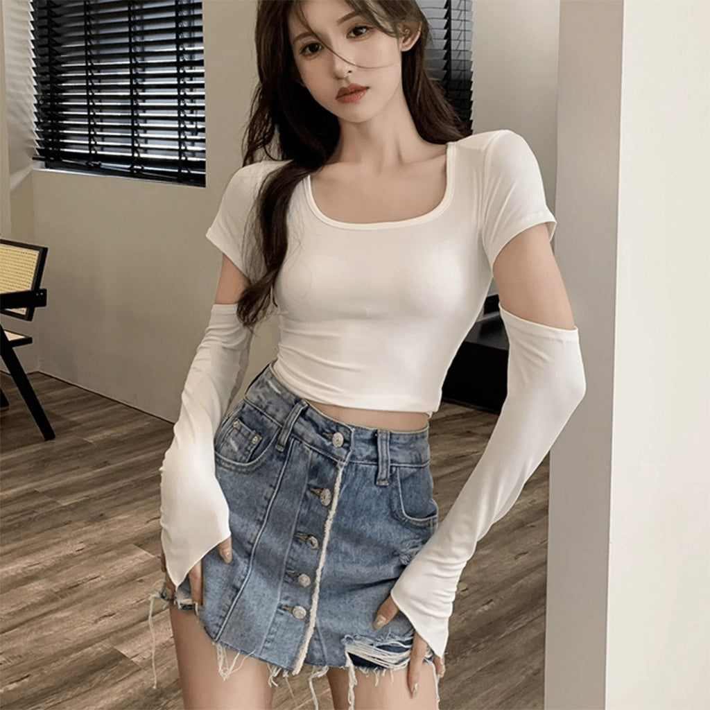 Black Cut-Out Sleeve Crop Top