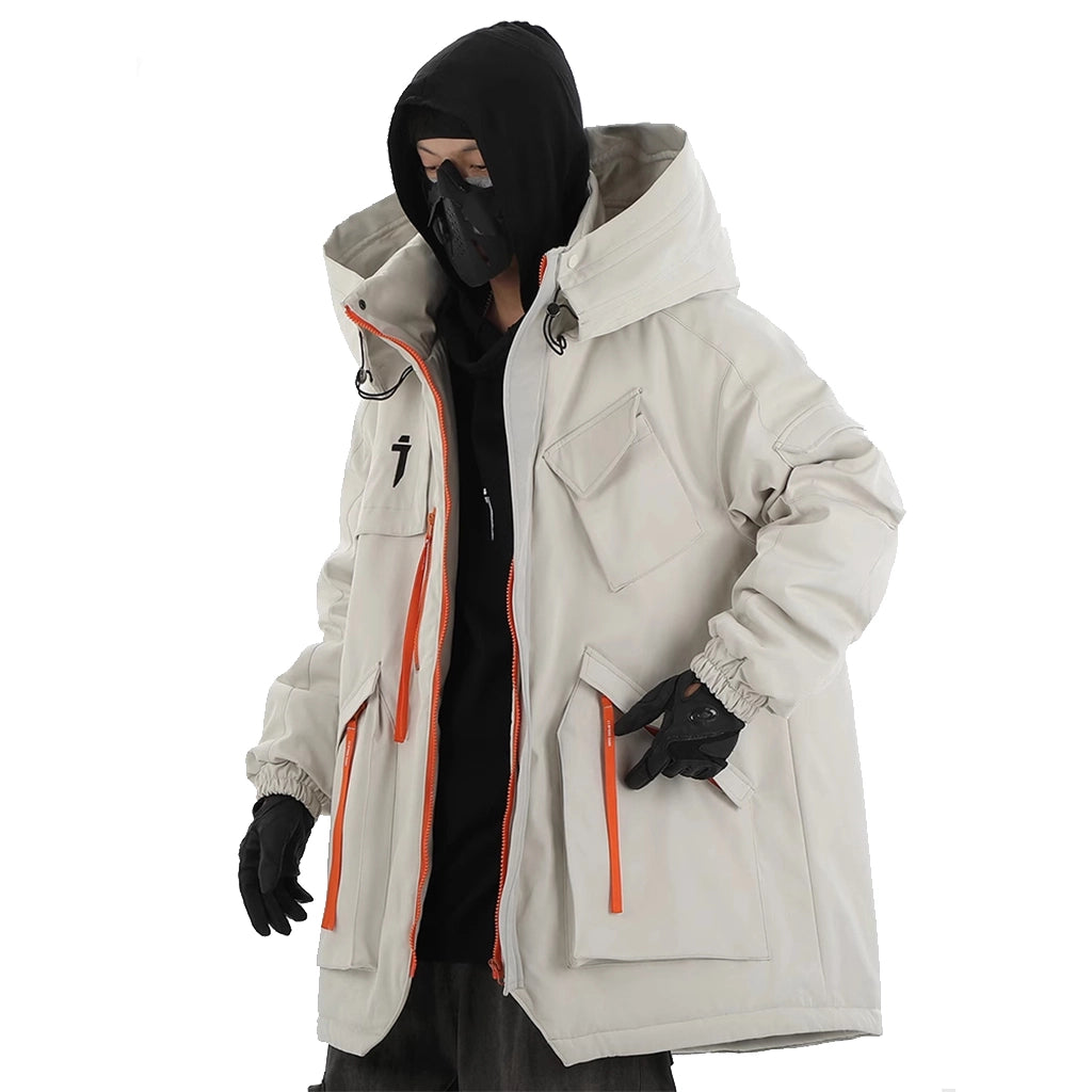 Futuristic insulated jacket for winter survival featuring tactical pockets and high neck hood.