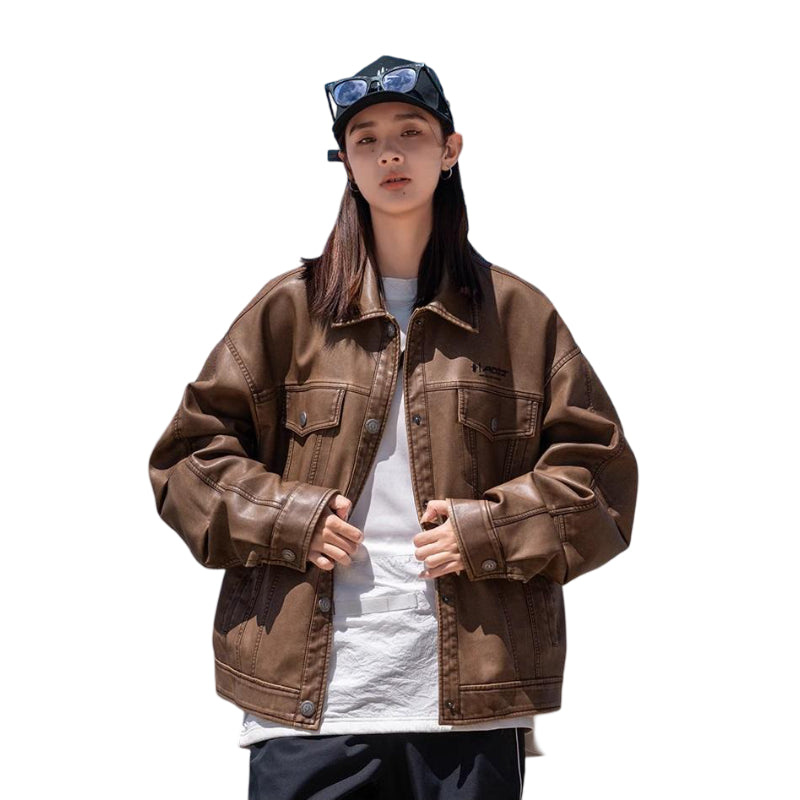 Brown Leather Techwear Jacket