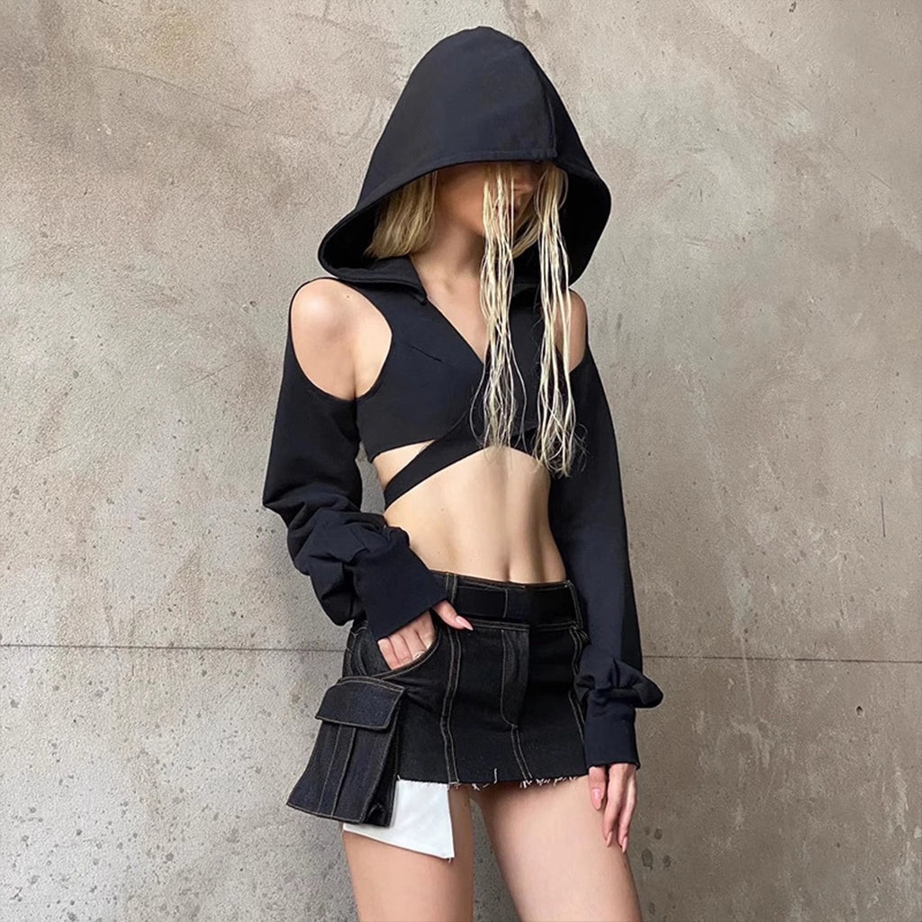 Cropped Techwear Top with Hood