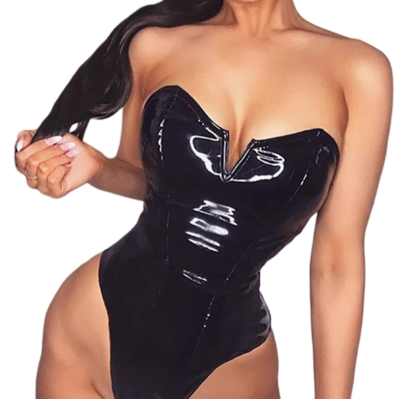 Glossy Black Leather Bodysuit