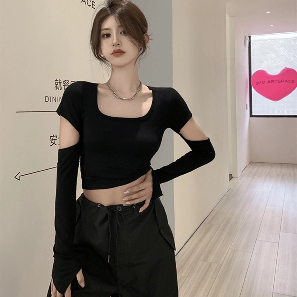 Black Cut-Out Sleeve Crop Top