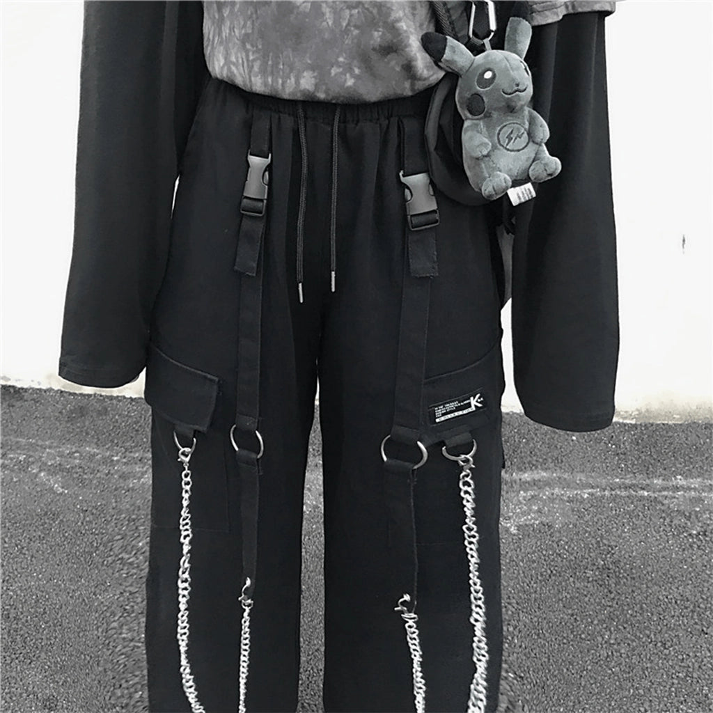 Black Streetwear Pants with Chains