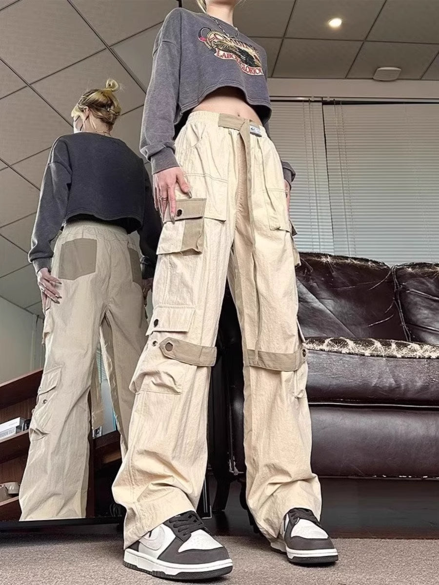 Beige Multi-Pocket Techwear Pants