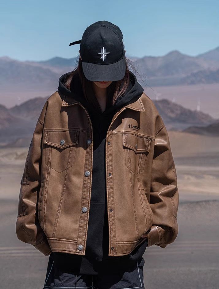 Brown Leather Techwear Jacket