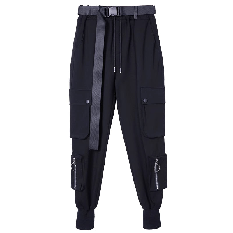 Black Techwear Cargo Pants with Multiple Pockets