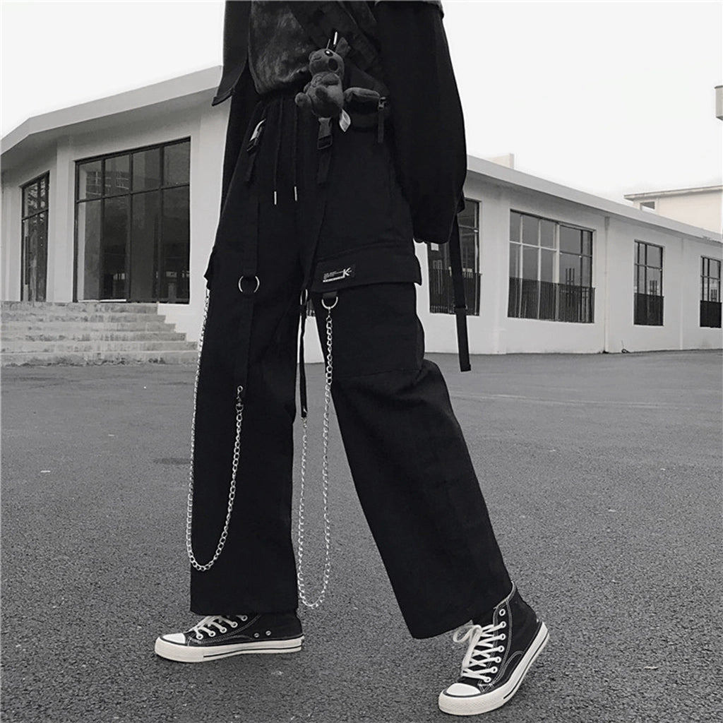 Black Streetwear Pants with Chains